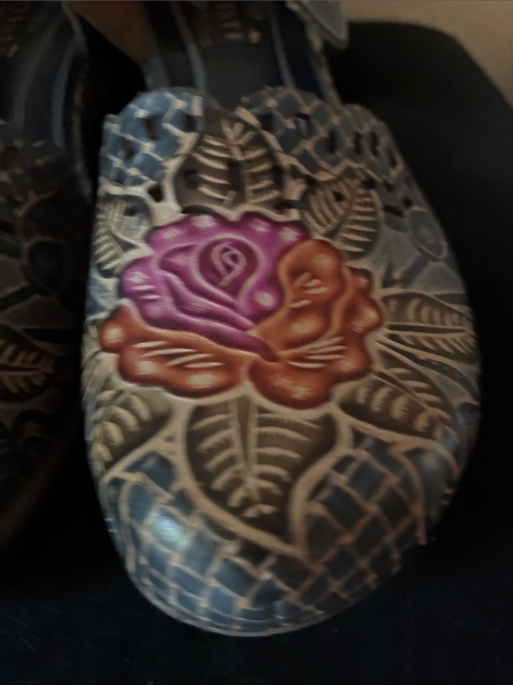 L'ATISTE Navy Leather Mary Janes with Pink & Orange Floral Emboss - Picture 10 of 11
